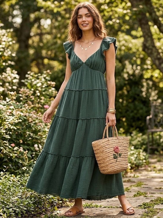 Free the Roses Dresses & Skirts - Free the Roses || Deep Green Tiered Maxi Dress with Ruffle Sleeves || medium